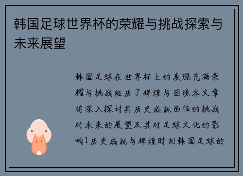 韩国足球世界杯的荣耀与挑战探索与未来展望