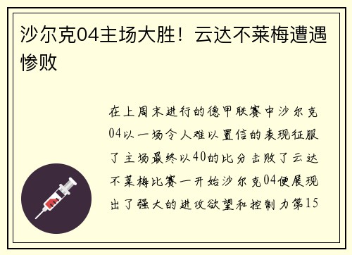沙尔克04主场大胜！云达不莱梅遭遇惨败