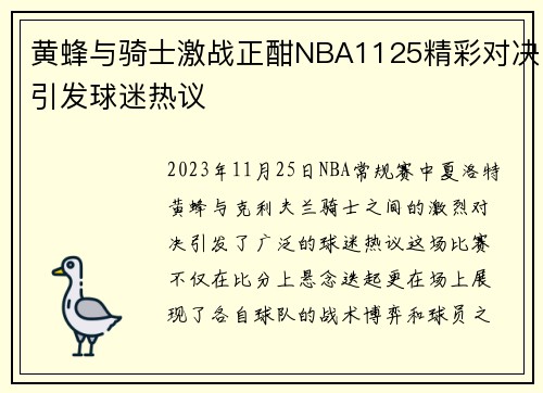 黄蜂与骑士激战正酣NBA1125精彩对决引发球迷热议