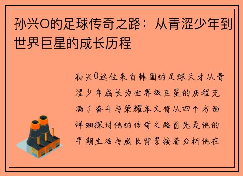 孙兴O的足球传奇之路：从青涩少年到世界巨星的成长历程