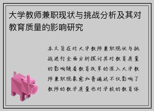 大学教师兼职现状与挑战分析及其对教育质量的影响研究
