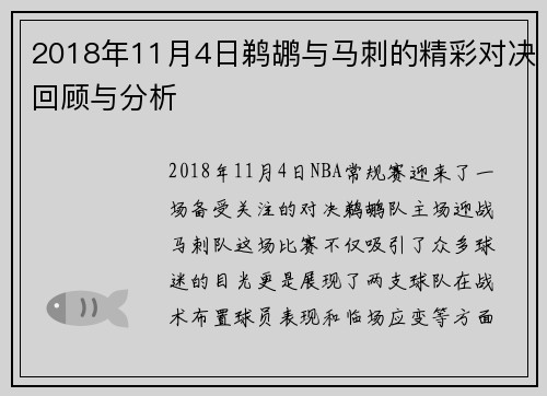 2018年11月4日鹈鹕与马刺的精彩对决回顾与分析