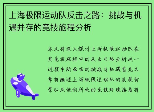 上海极限运动队反击之路：挑战与机遇并存的竞技旅程分析